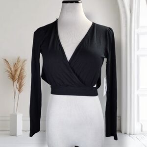 Cushnie Active Crop Top Size S Black Jersey Open Twist Drape Back Long Sleeve
